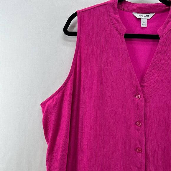 Nine West Button Front Ruffle Hem Mini Dress Size 2XL Crinkle Sleeveless Magenta - Picture 8 of 14
